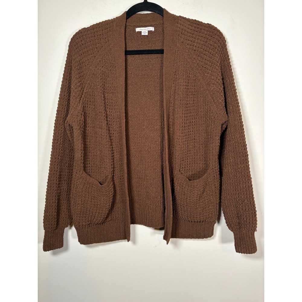 American Eagle Cardigan Sweater Brown Popcorn Waffle Knit Open Front Warm Small